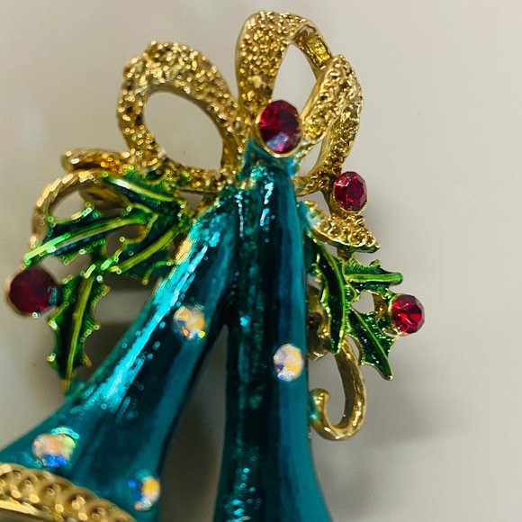 Long Two Bell Christmas Holiday Brooch Pin Holly Faux Pearls Rhinestone Bows - Picture 8 of 16